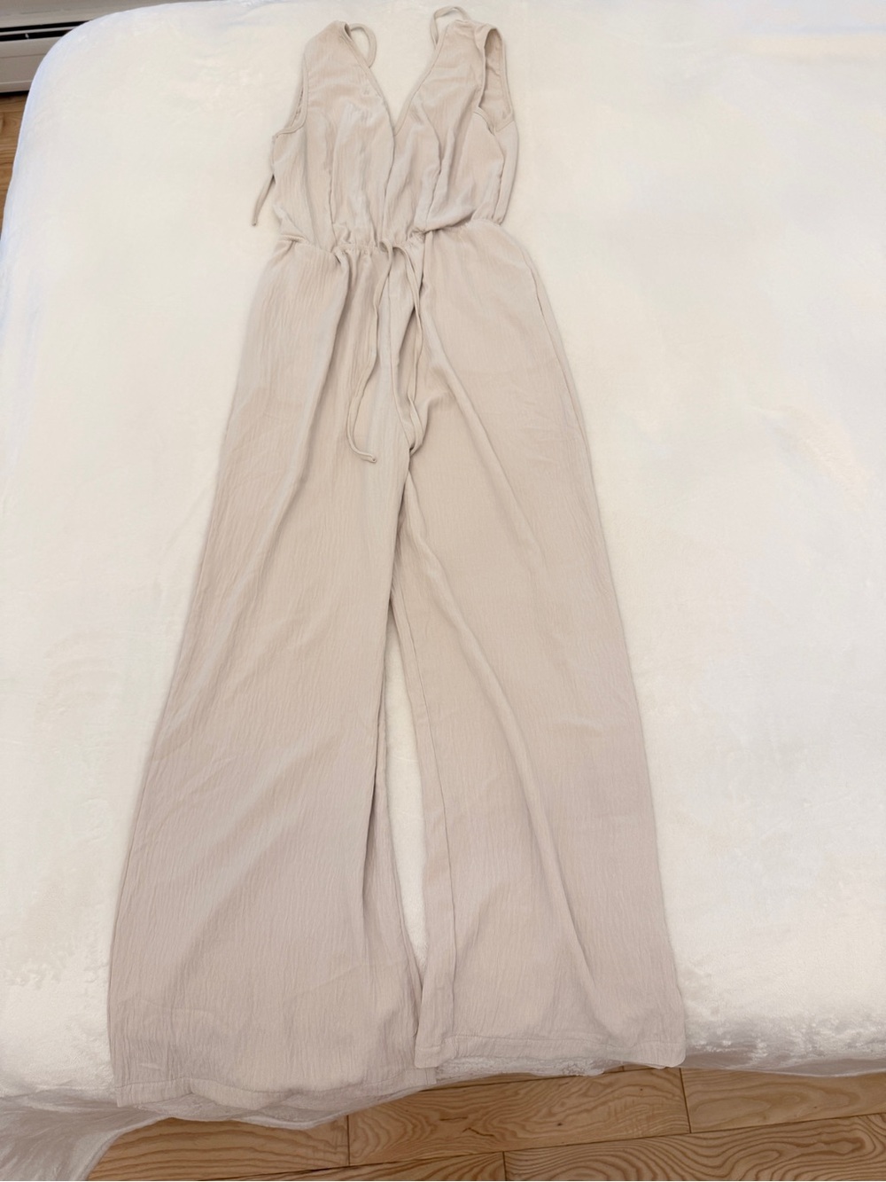 Sleeveless V-Neck Wide-Leg Jumpsuit in Light Beige